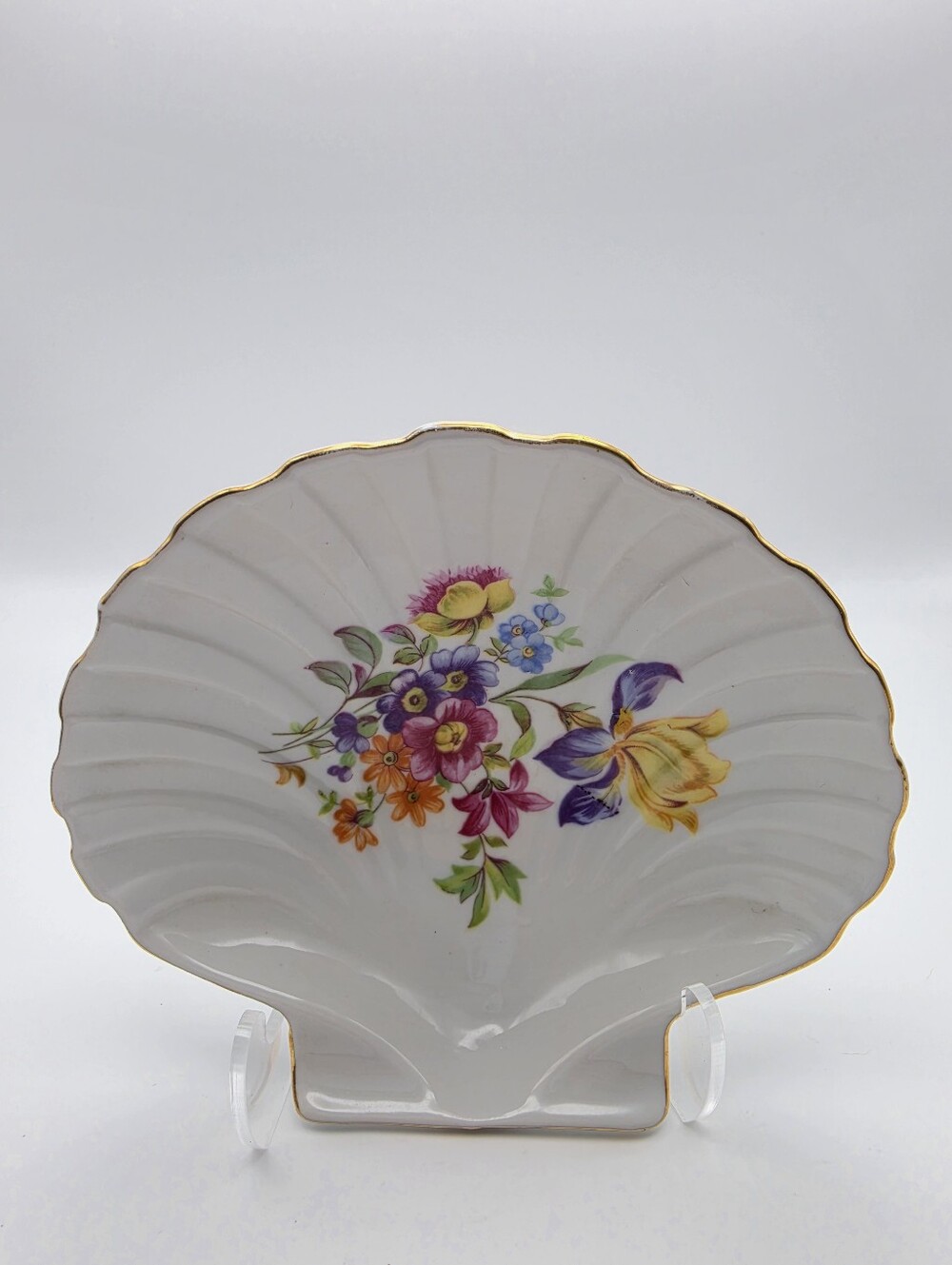 Vintage PM Martinroda German Porcelain Floral Shell Trinket Dish Gold Gilt